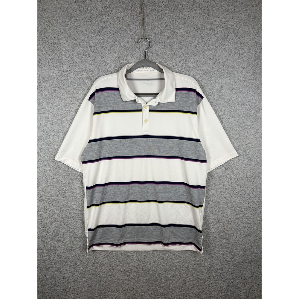 Nike Golf Dri-Fit White Gray Striped Short Sleeve‎ Polo Shirt Men's Size M